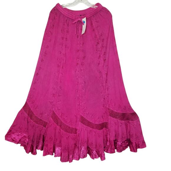 Pink Embroidered Witchy Whimsigoth Fairy Flowy Boho Maxi Skirt One Size Festival - Picture 1 of 12